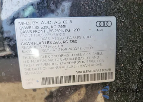 2015 Audi Q5 Premium Plus z USA, uszkodzony, nr VIN WA1LFAFP4FA110925